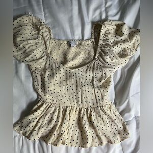 White with Blue Polka Dots Baby Doll Shirt - XS